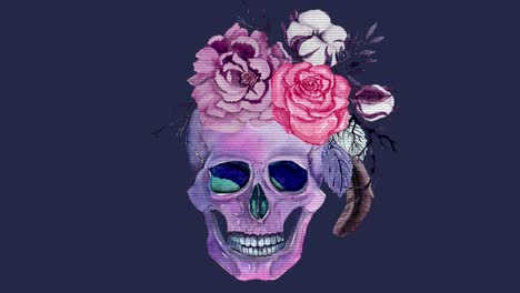 halloween animation with watercolor skull, flowers, ornamental decor in vintage boho style. animation of seamless loop.