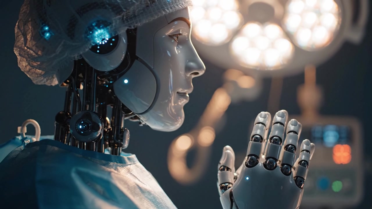 Un chirurgo robotico si prepara per un'operazione con precisione e compostezza in un ambiente di sala operatoria ad alta tecnologia, simboleggiando il futuro della tecnologia medica