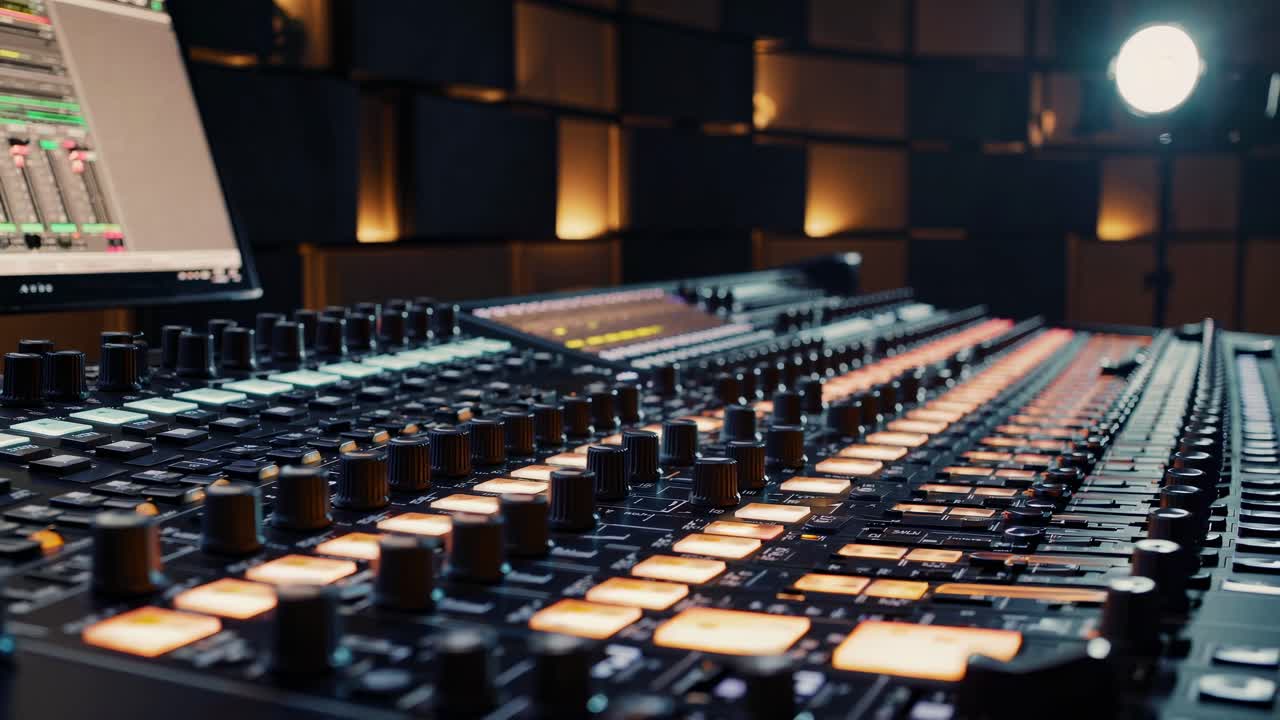 Low-angle shot of a professional audio mixing console in a dimly lit studio, highlighting controls