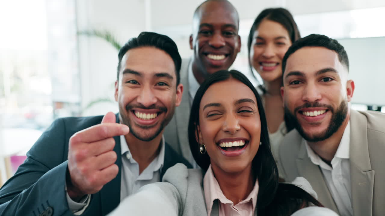 Selfie, silly and face of business people