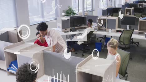 animation of financial data processing over diverse business people in office