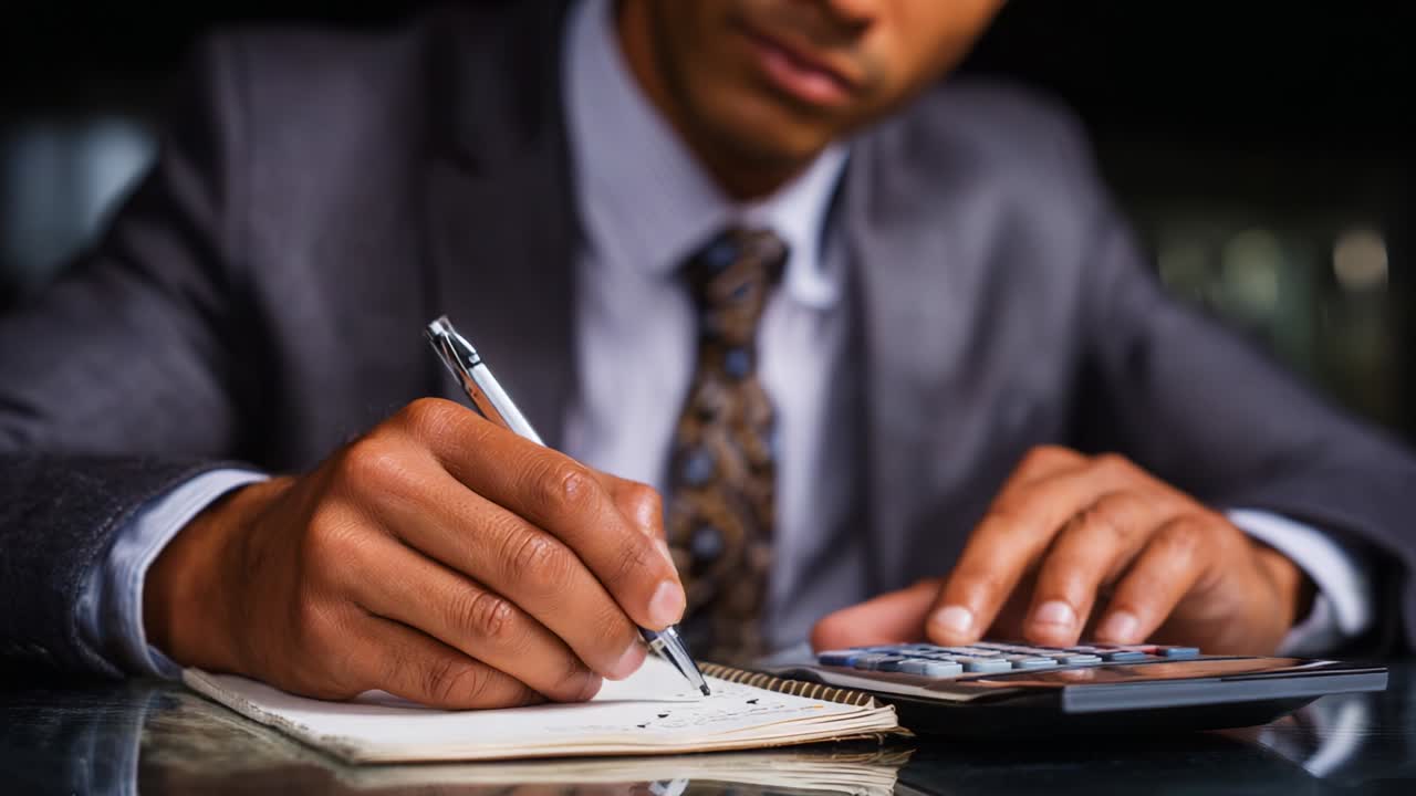 Professional Businessman Engaged in Financial Planning and Calculation, Writing Notes on Notepad While Using a Calculator for Budget Analysis and Economic Strategy Development