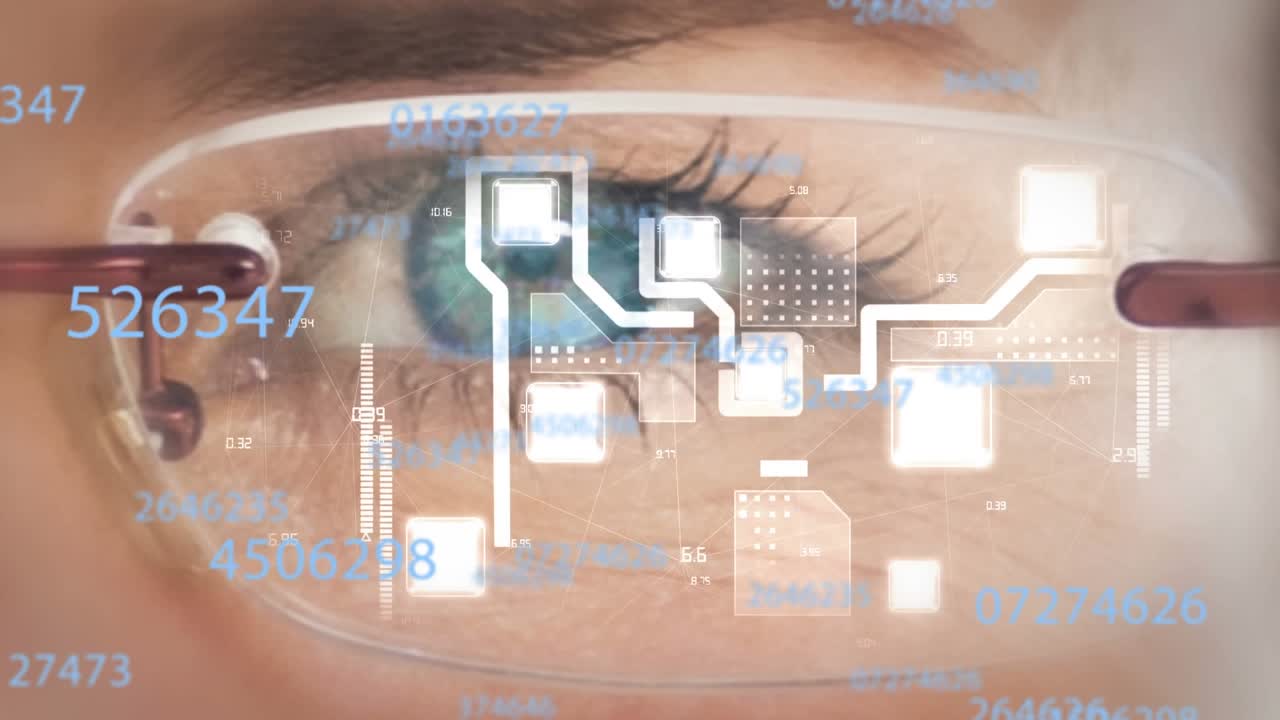 Animation of computer circuit board and data processing over eye of caucasian woman