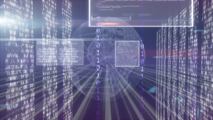 Animation of globe, data processing and connections over computer servers