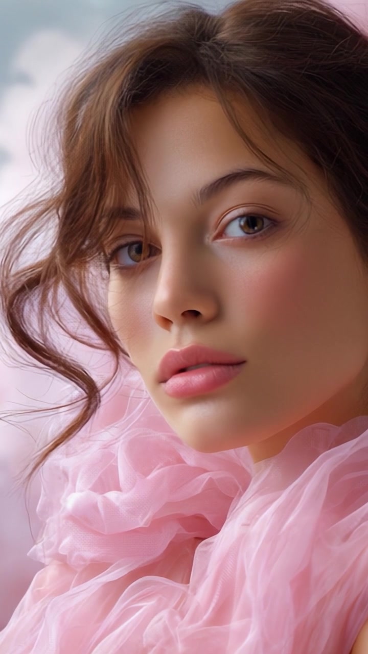 Un Ritratto Delicato di una Giovane Donna con Tratti Morbidi e una Sciarpa di Tulle Rosa su uno Sfondo Sognante di Nuvole Soffici e Colori Tenui