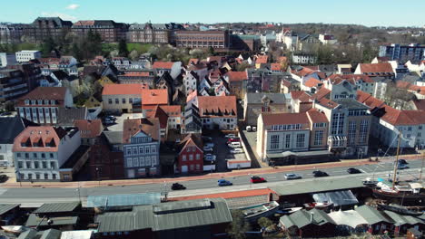 Aerial view of a European town with historical buildings and waterfront