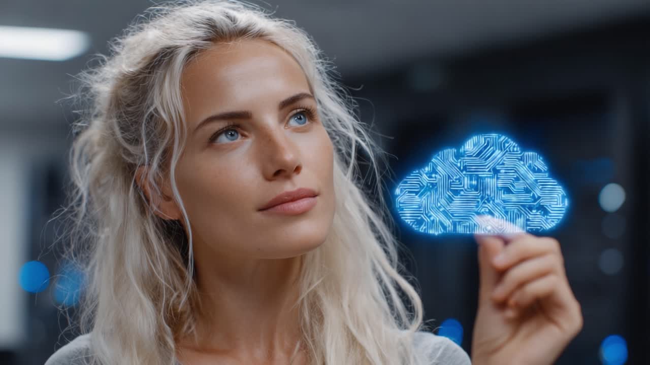A thoughtful woman gazes at a digital cloud graphic, symbolizing data management, innovation, and modern technology in a high-tech environment