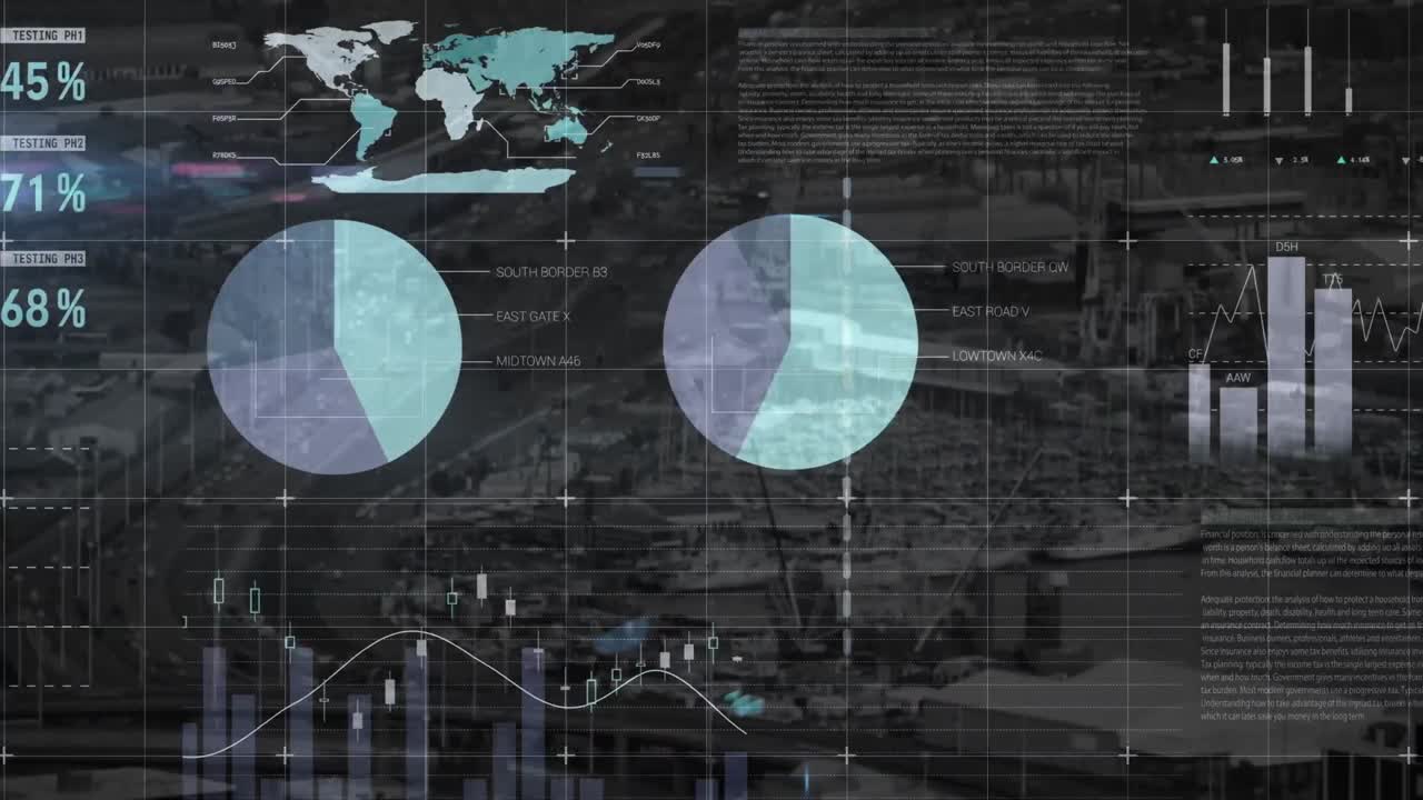 Animation of financial data processing over cityscape