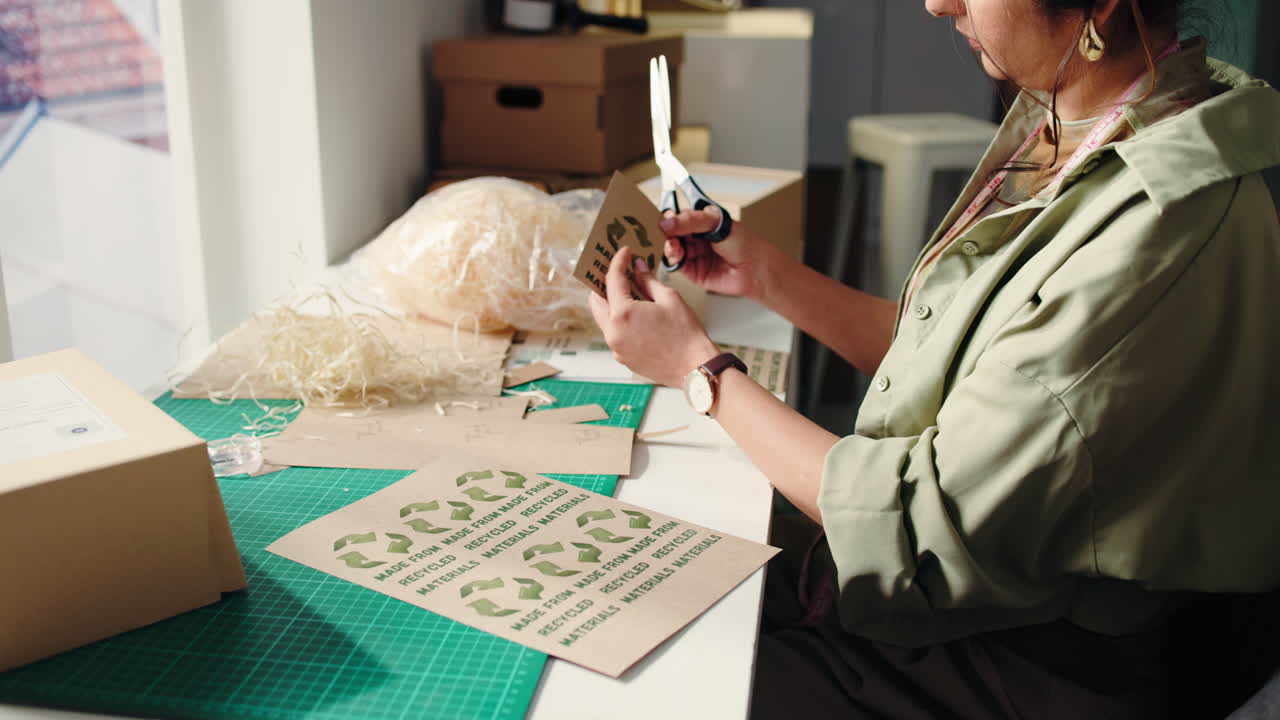 Woman Cutting Recycled Paper for Sustainable Packaging