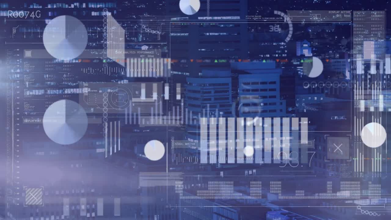 Animation of statistics and data processing over cityscape