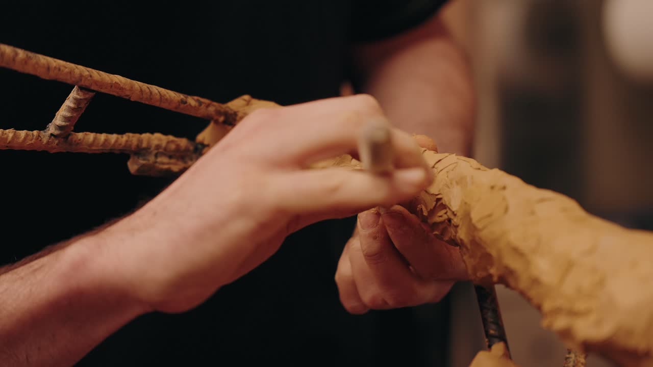 hands shaping clay on metal armature during sculpture process in workshop