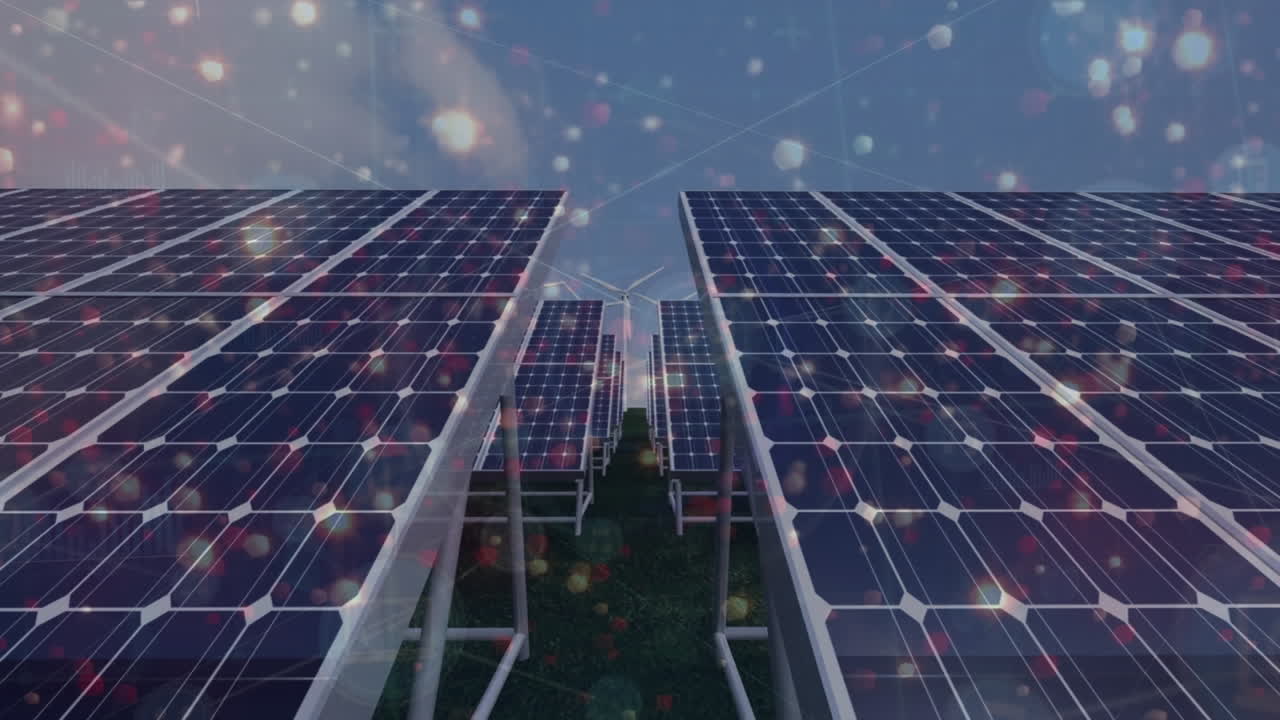 animación de la red de conexiones con puntos sobre paneles solares.