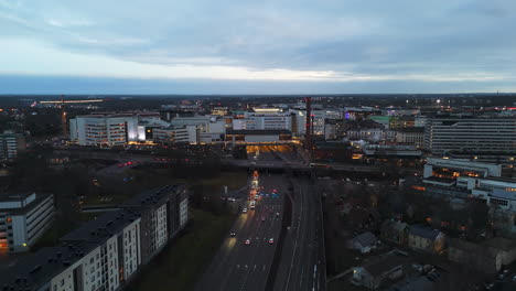 drone approaching the kupittaa hospital, railway station and mall complex, in turku