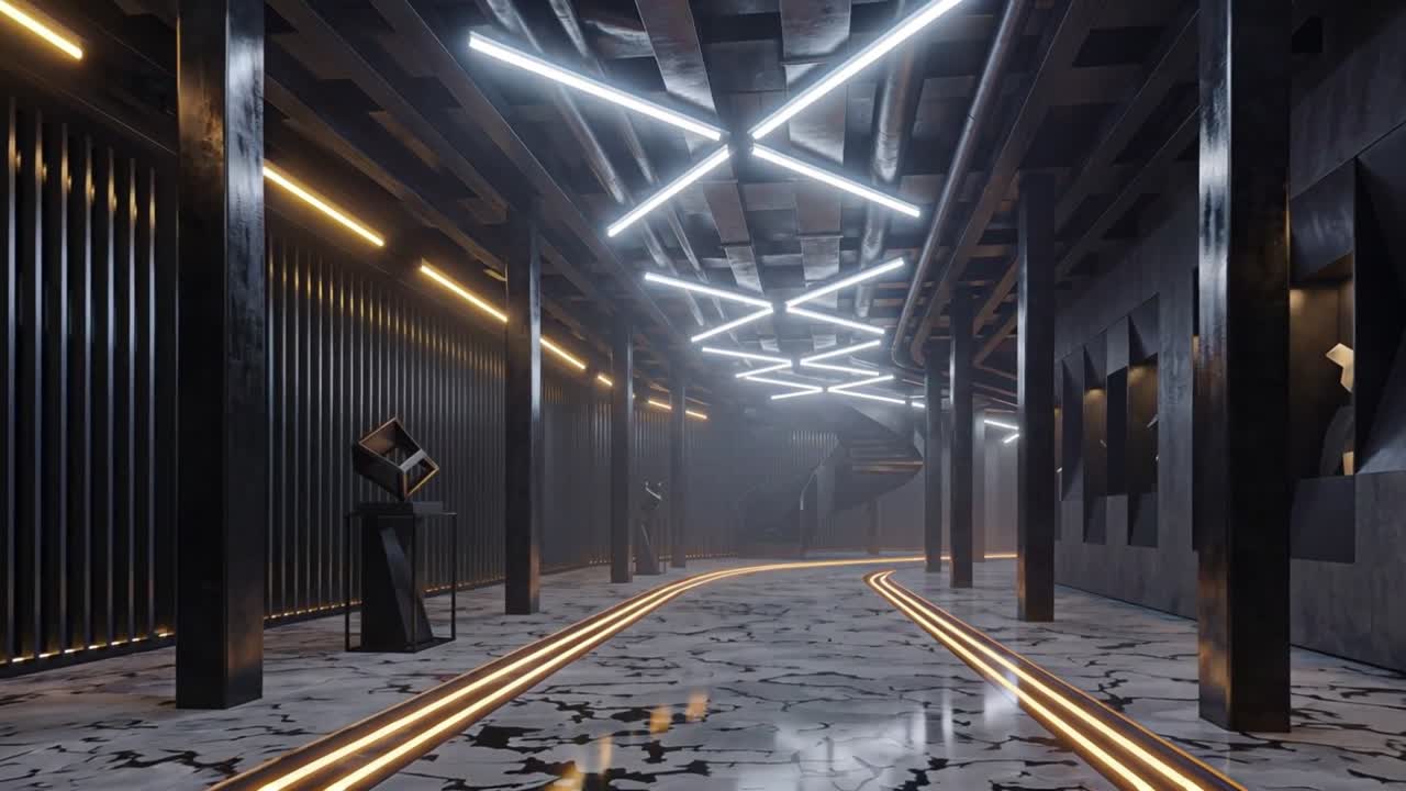 Futuristisk korridor med glødende lineære loftslamper og reflekterende marmorgulv i moderne industrielt gangperspektiv