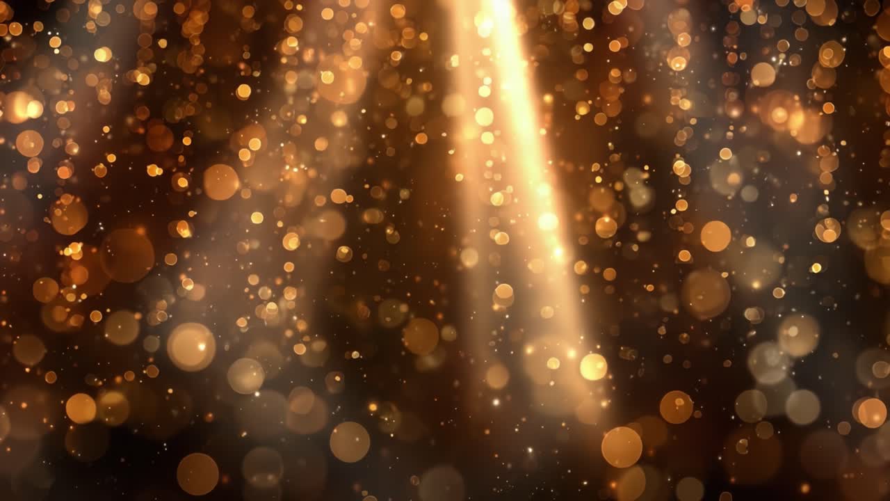 Accattivante gioco di luci e scintille: Uno spettacolo ipnotizzante di particelle scintillanti e raggi luminosi su un ricco sfondo dorato