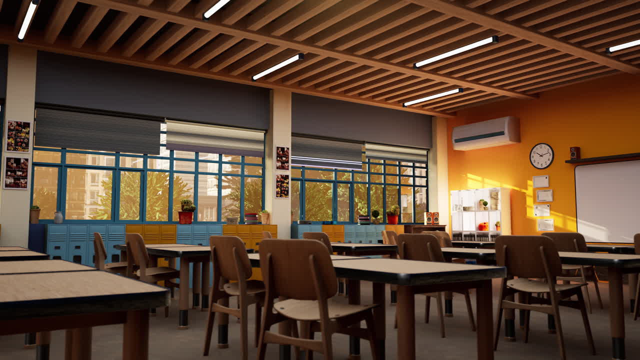 Bright classroom filled with vibrant colored lockers and organized study tables