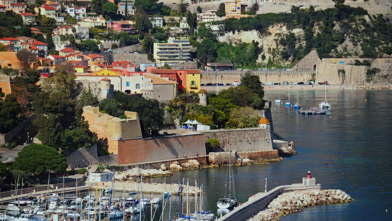 Aerial view of the Port de Villefranche-sur-Mer, France, with the colourful buildings on the background