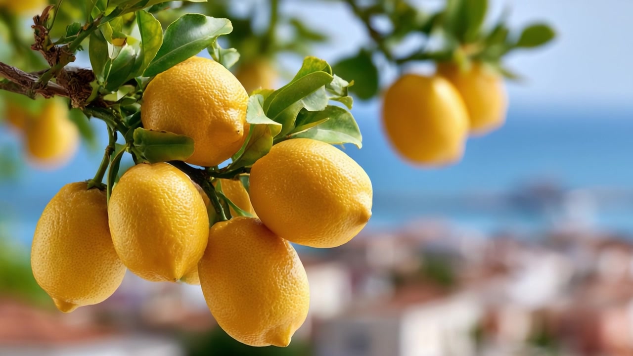Ramo rigoglioso di limone carico di frutti maturi che si affaccia su uno sfondo panoramico di acque blu e un vibrante paesaggio mediterraneo.