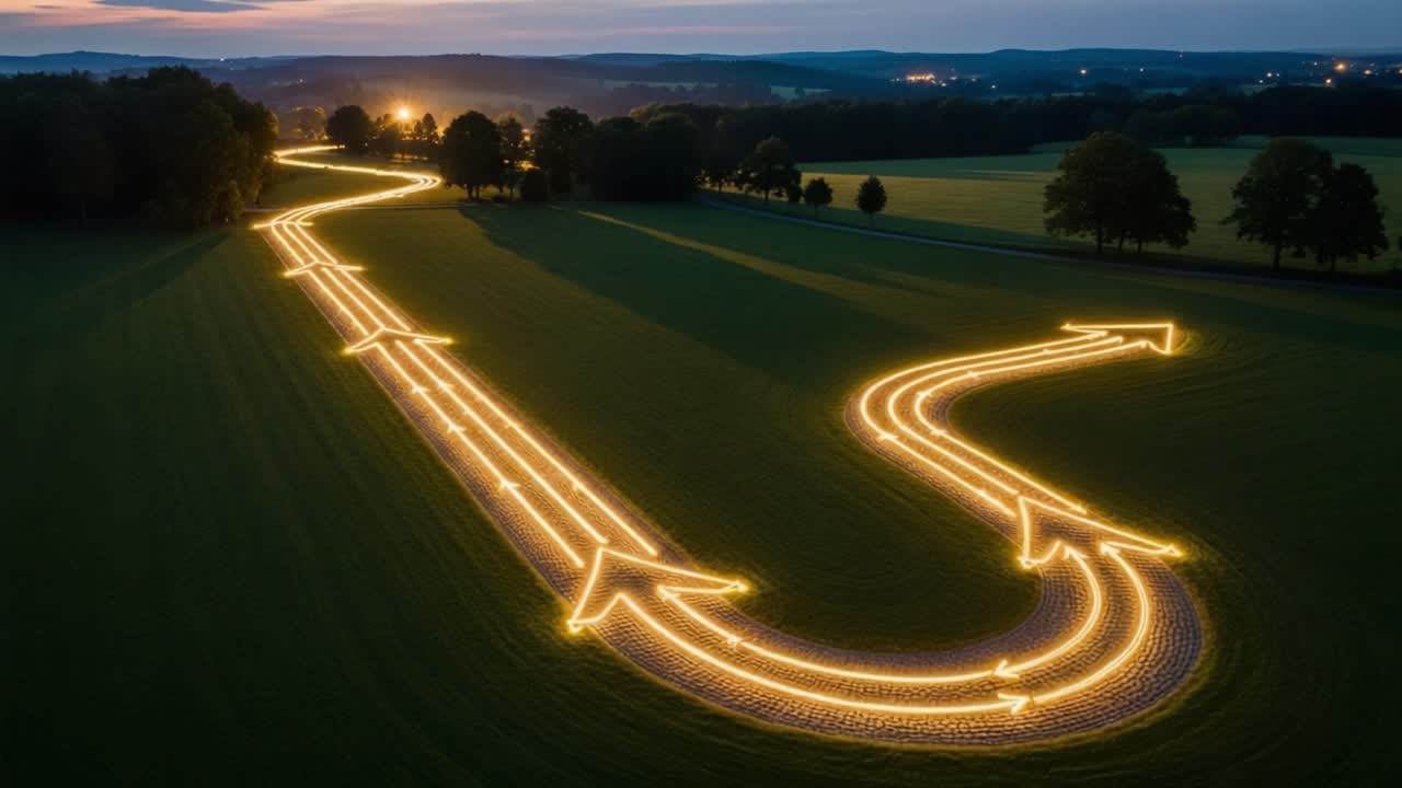 A Stunning Aerial View of Illuminated Arrow Pathways Curving Through a Lush Green Field at Dusk, Creating a Magical and Inviting Atmosphere