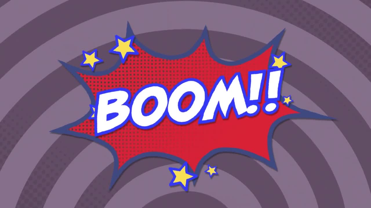 animación de texto de boom sobre una burbuja de habla contra rayos en un patrón sin costuras sobre fondo púrpura.