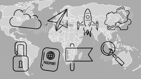 animación de iconos de negocios sobre el mapa del mundo en fondo gris