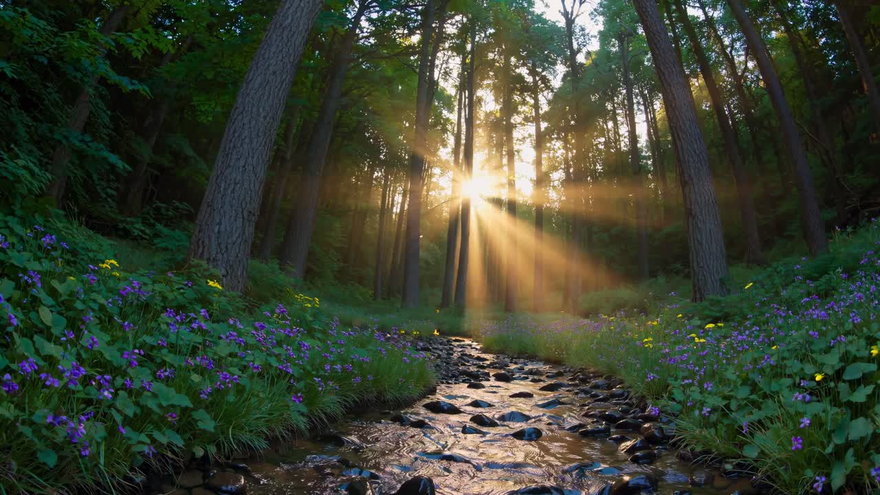 A serene forest scene captured at a low angle, with sunlight streaming through tall trees