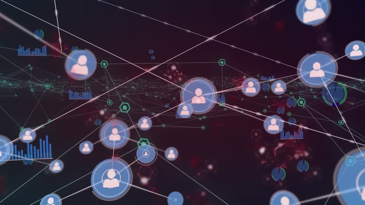 추상적인 배경 위에 선과 그래프 아이콘으로 연결된 아이콘의 애니메이션