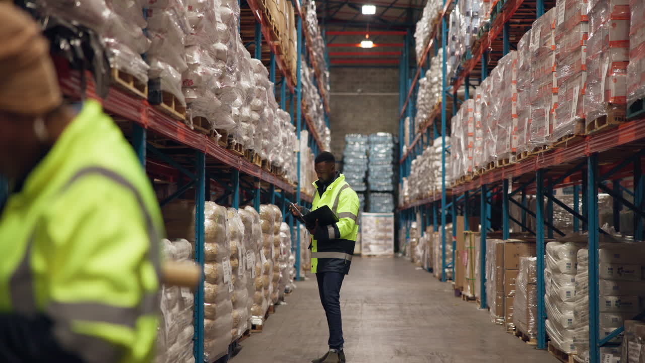 African Man Checking Inventory in a Large Warehouse