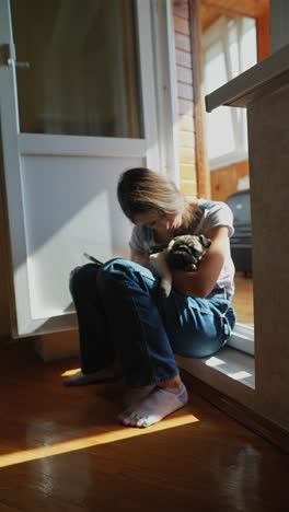 girl hugging a puppy on the floor