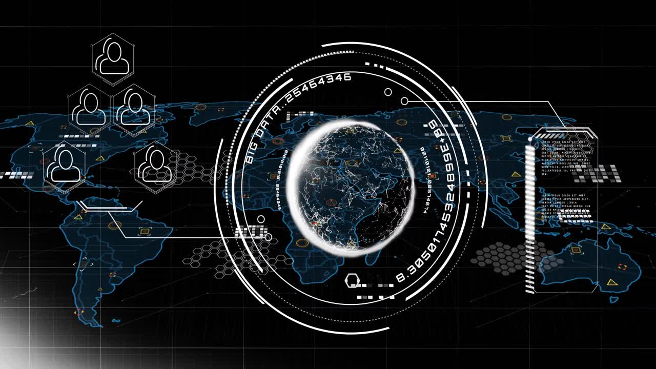 Animation of scope scanning over globe of network of connections scope scanning and data processing