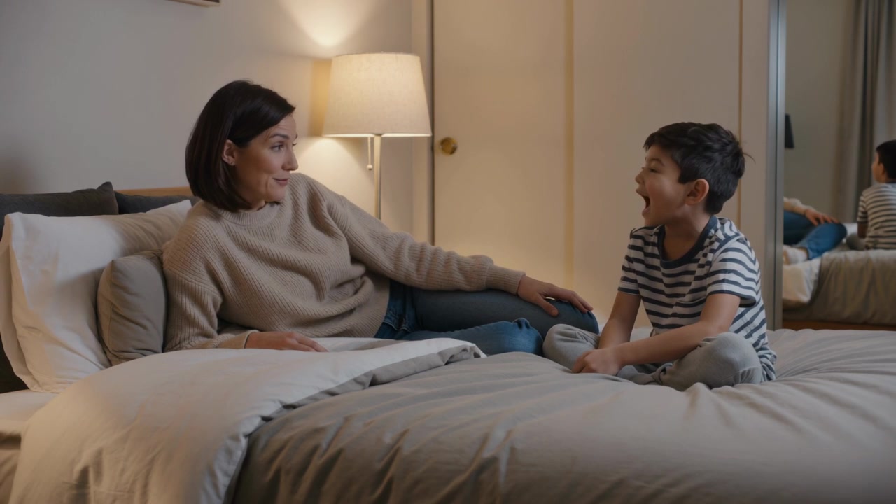 Turning toward son, mother wearing sweater speaking on bed to connect, lamp lit, boy smiling