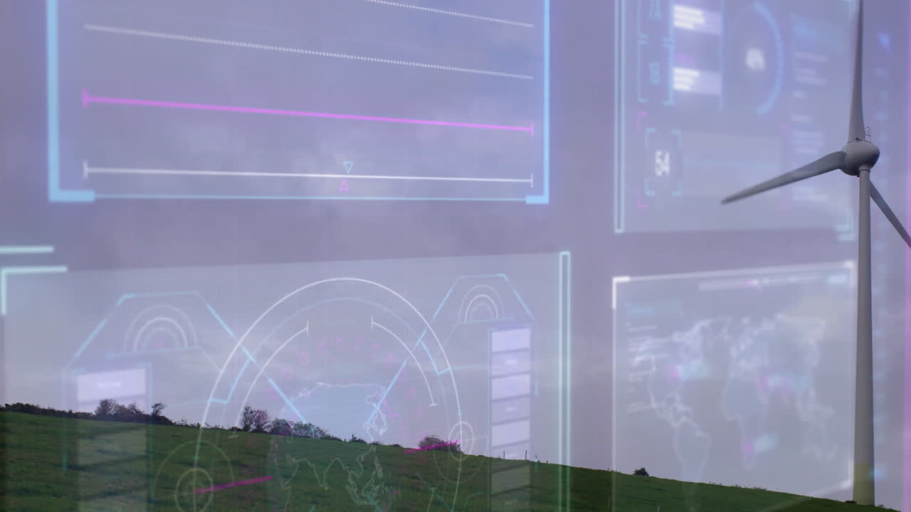 Wind turbine spinning on green hillside, displaying animated data charts, gauges and world map