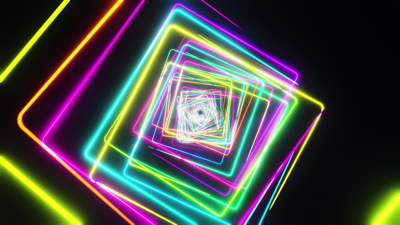 Volando attraverso quadrilateri dipinti con luce multicolore. Animazione in loop infinito