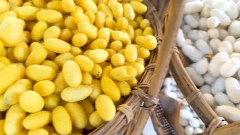 cocones de gusanos de seda amarillos y blancos en cestas