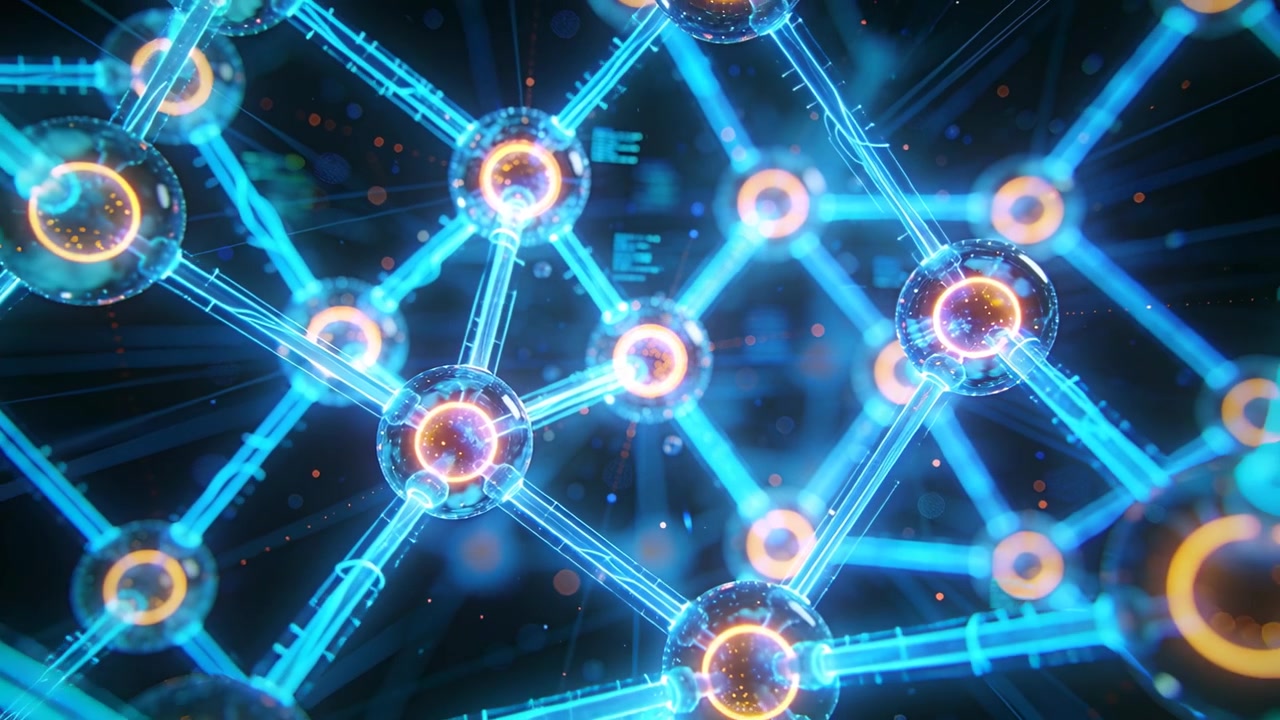 Pulling camera revealing 3D lattice pulsing orange cores with cyan rods and HUD in dark space