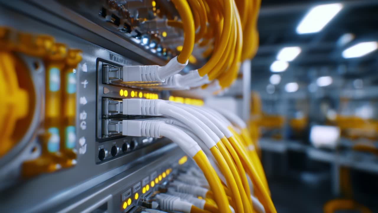 High-Resolution Close-Up of Data Center Network Cables and Connections, Showcasing Fiber Optic Technology for Enhanced Communication and Data Transfer Efficiency