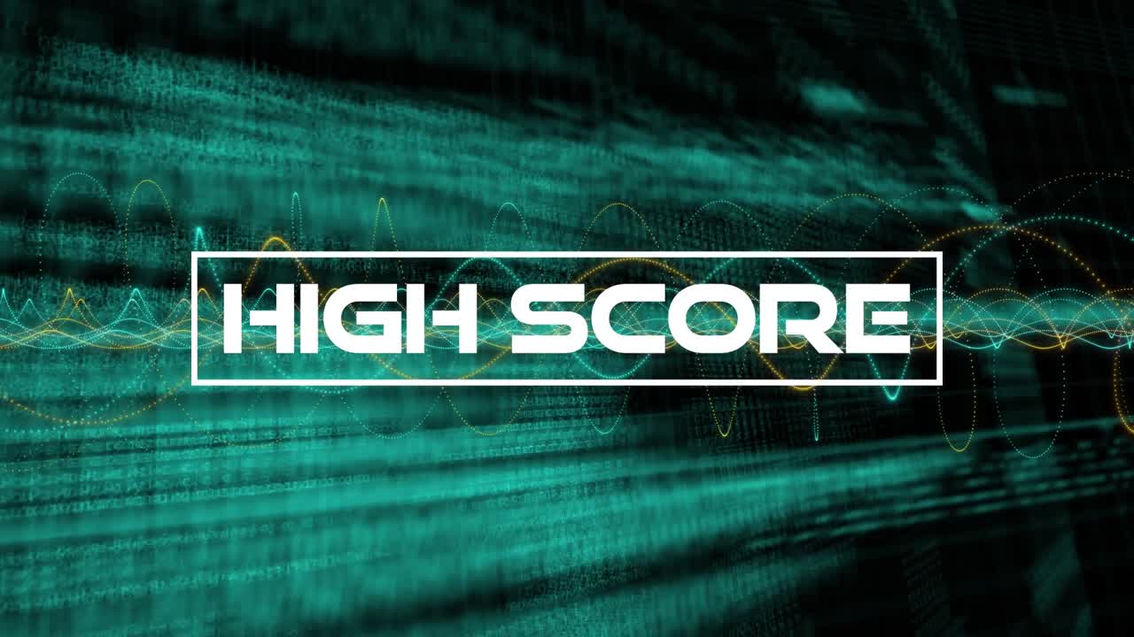 Animation of high score text over programming language, mesh networks and grid