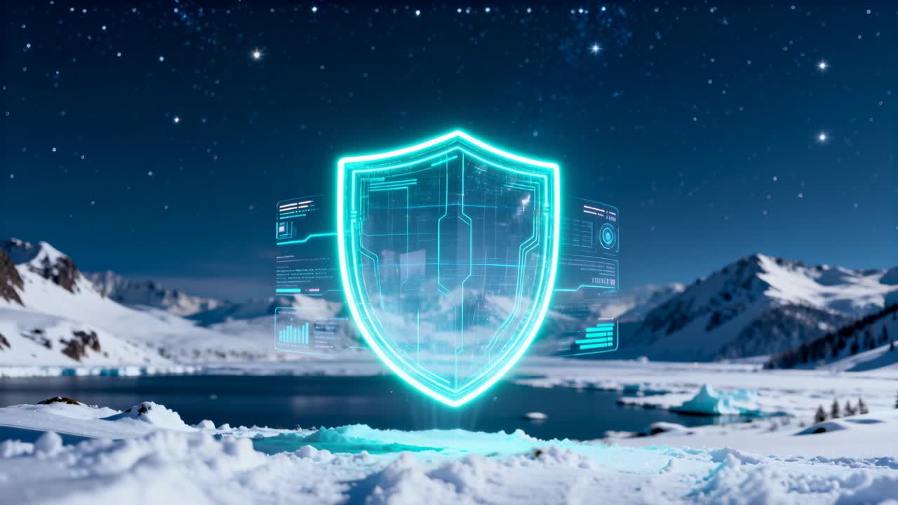 Holographic shield appearing above frozen lake, security activating, circuits pulsing, HUD sliding
