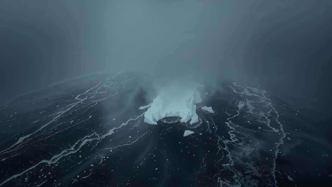 Drifting central ice floe sliding across foggy sea, gentle current nudging foam and ice fragments