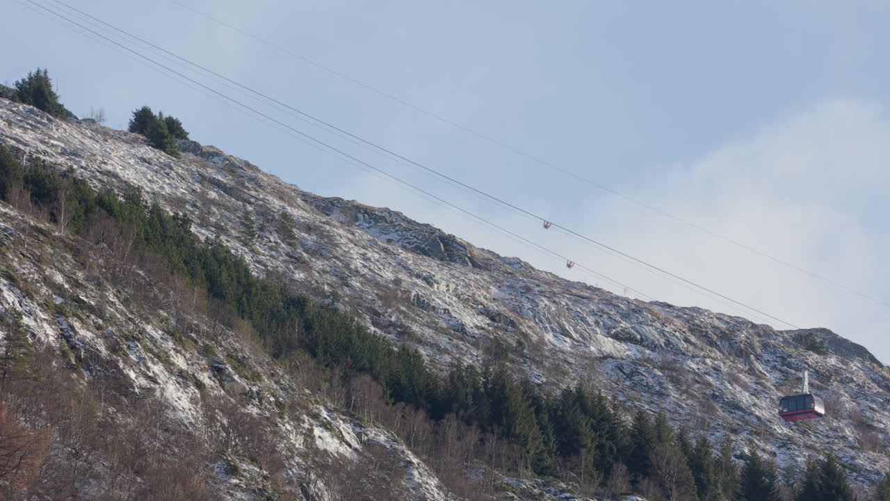 telefoto de uno de los teleféricos de ulriksbanen subiendo al monte ulriken en un día de invierno
