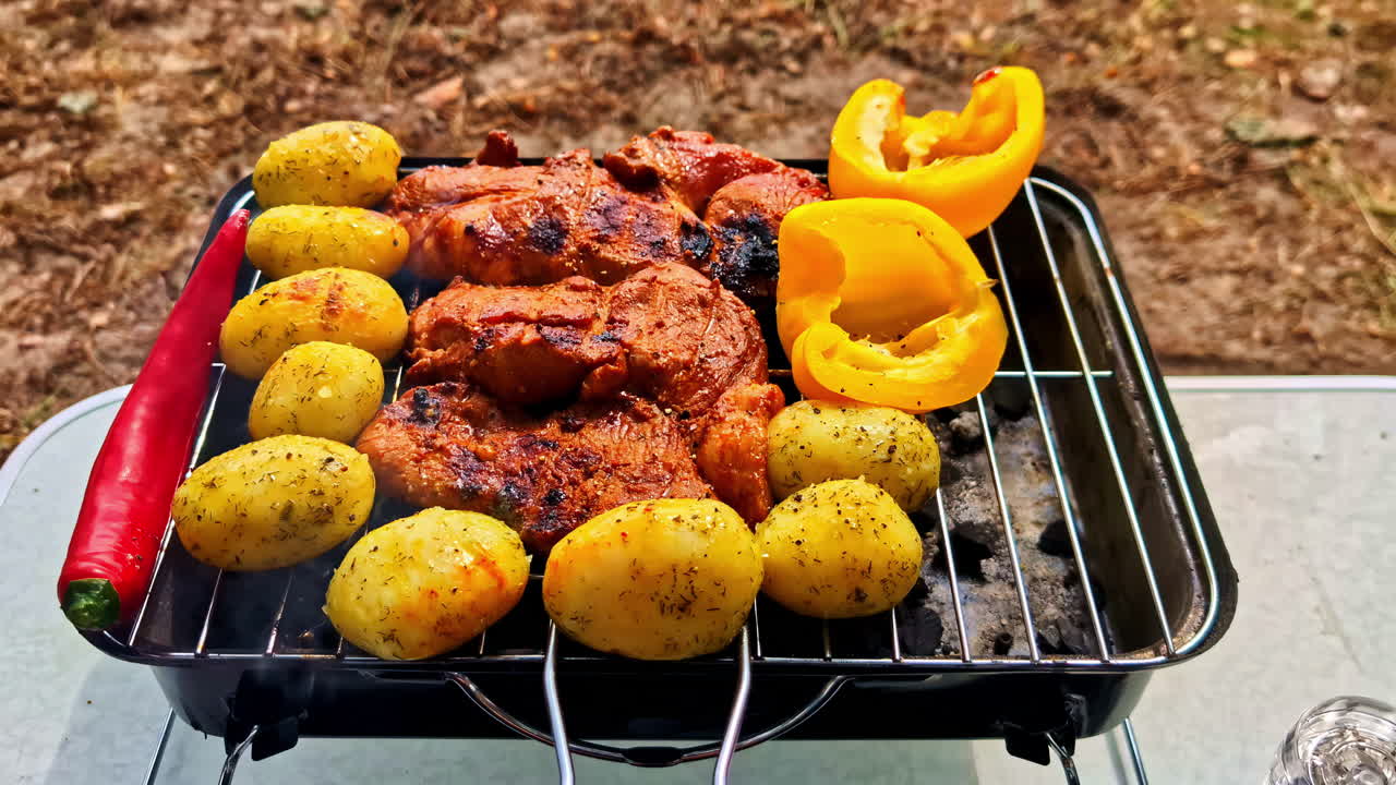 Fresh meat and vegetables sizzle on a grill near tents during a camping evening