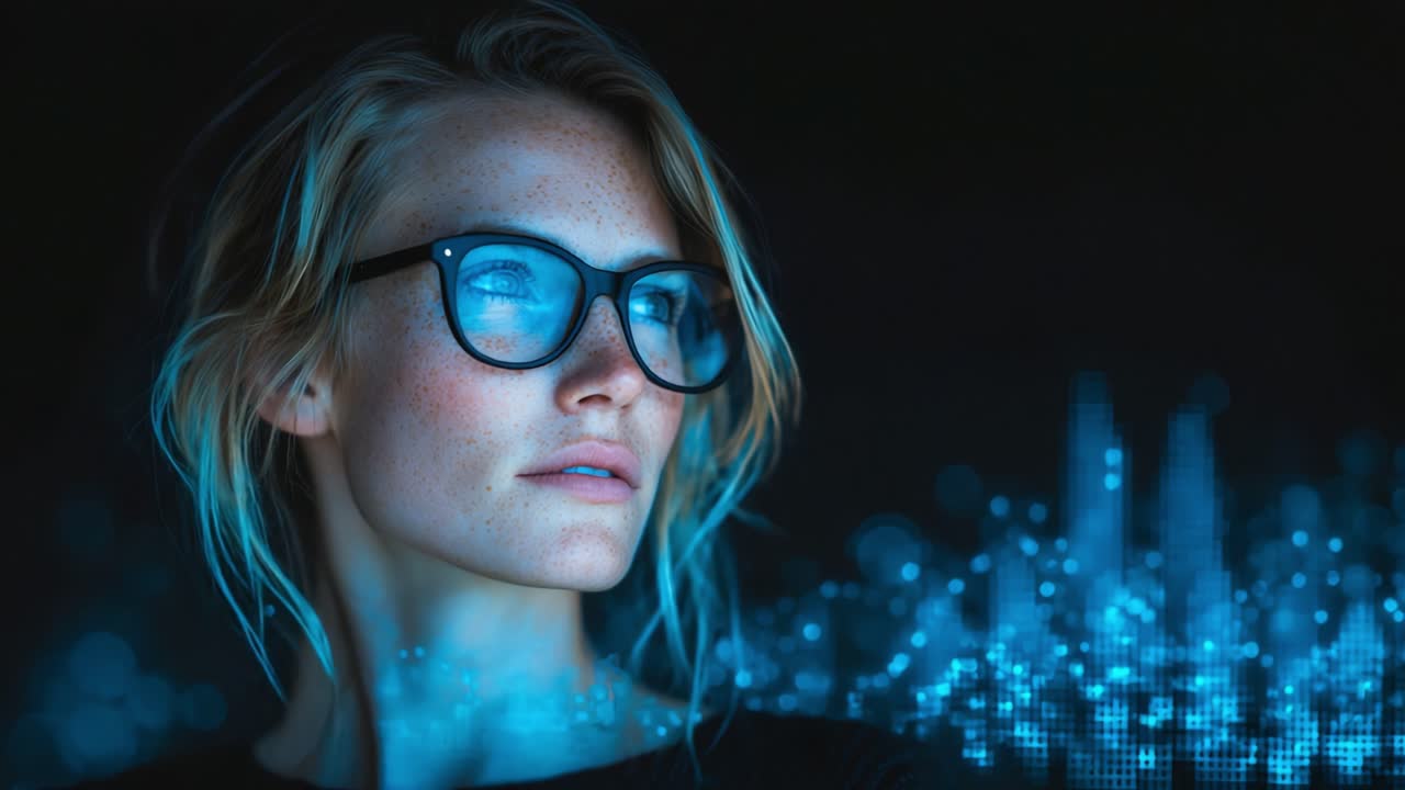 A Thoughtful Woman with Glasses and a Futuristic Background Contemplating In a Digital World, Exemplifying Intelligence and Curiosity Through Modern Aesthetics