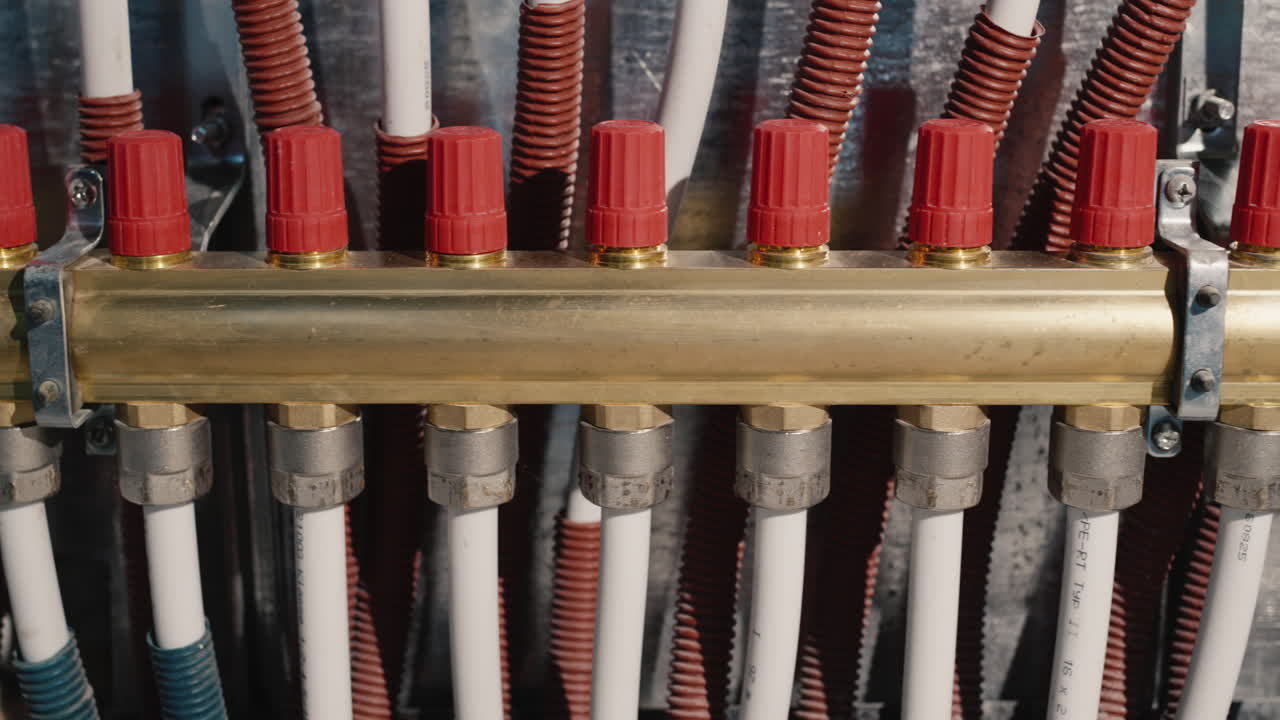 peine del sistema de calefacción: muchos tubos de plástico van al suelo para calentar la habitación. tiro deslizante