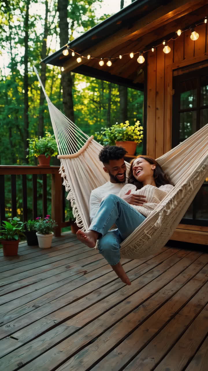 Happy Couple Relaxing and Laughing in a Hammock on a Cabin Deck