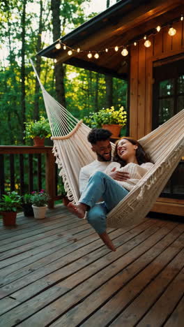 happy couple relaxing and laughing in a hammock on a cabin deck