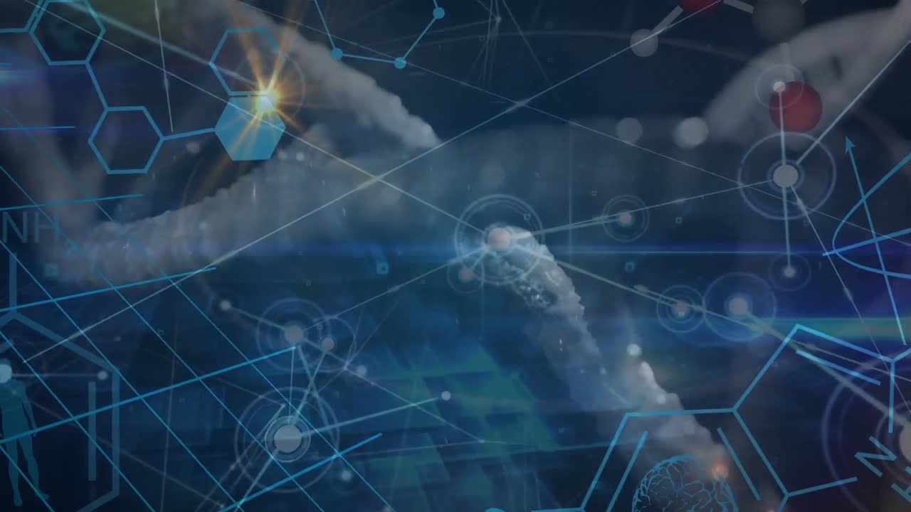 animación de conexiones sobre fórmulas químicas y adn