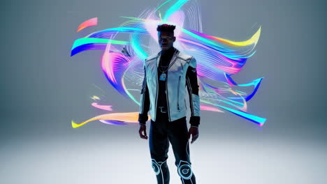 cyberpunk portrait: man in futuristic attire with vibrant abstract background