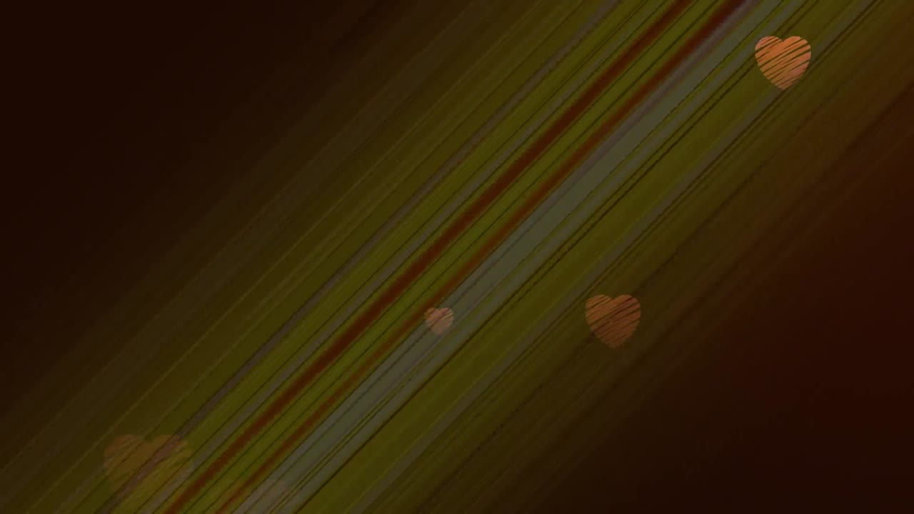 Animation of red hearts falling, with flickering colored light beams on dark background