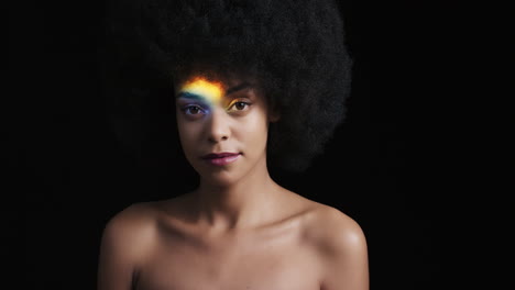 close up multicolor portrait beautiful african american woman with afro enjoying smooth healthy skin complexion looking confident natural beauty colorful light on black background skincare concept