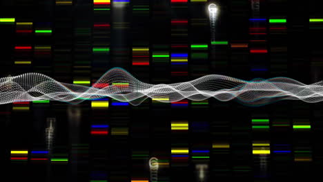 Animation-Der-DNA-Sequenzierung-über-Bunten-Balken-Des-Genetischen-Codes